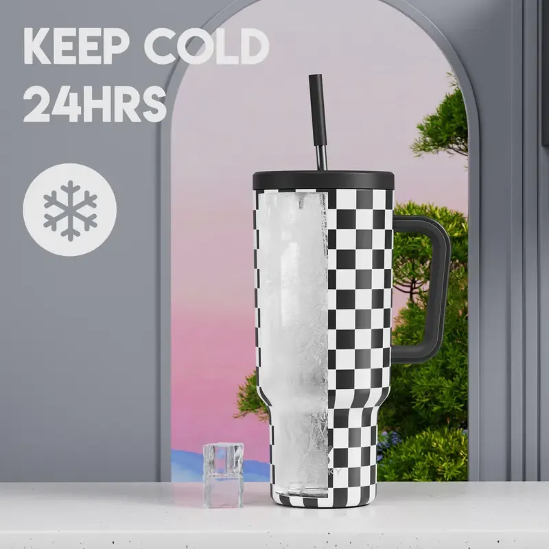 Meoky 40oz (1L) Black White Checkered Printed Stainless Steel Vacuum Flask