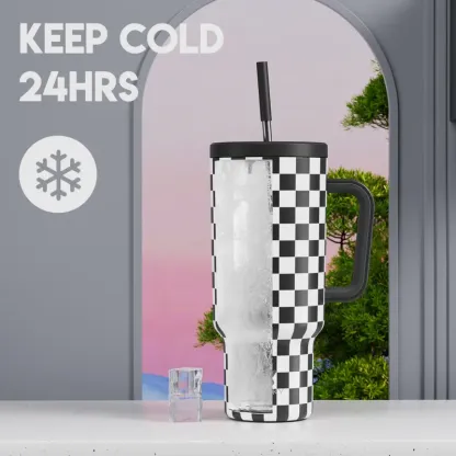 Meoky 40oz (1L) Black White Checkered Printed Stainless Steel Vacuum Flask