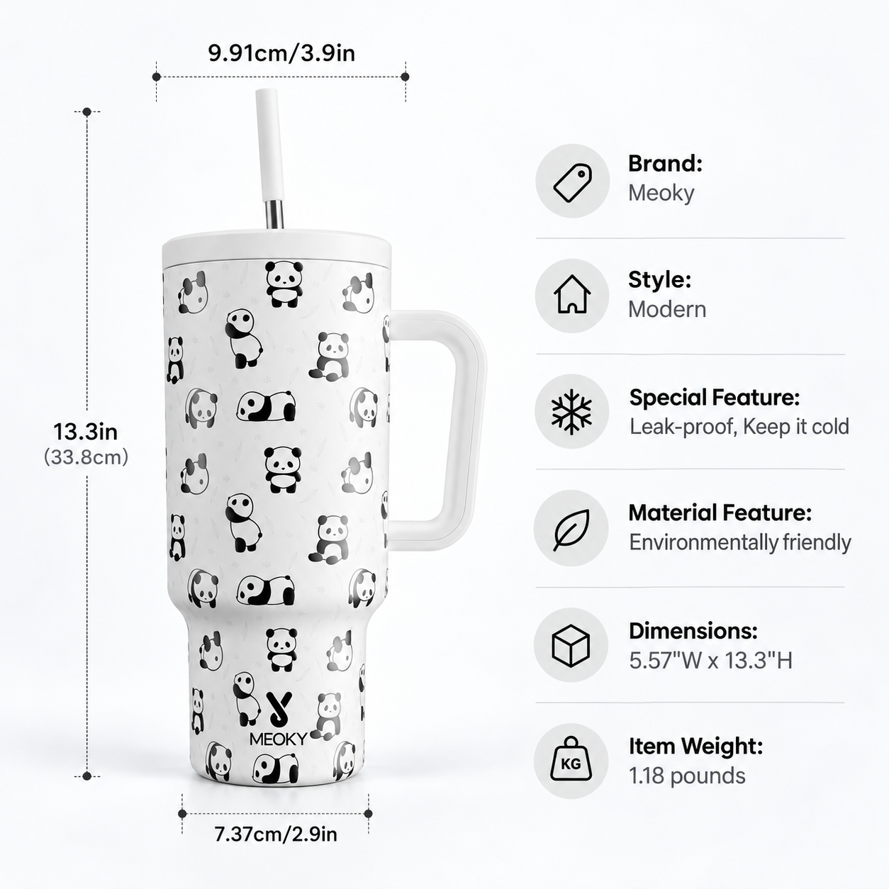 Meoky 40oz Cute Panda Print Insulated Tumbler with Handle & Straw