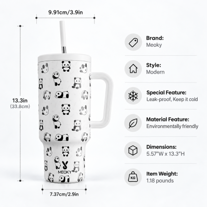 Meoky 40oz Cute Panda Print Insulated Tumbler with Handle & Straw