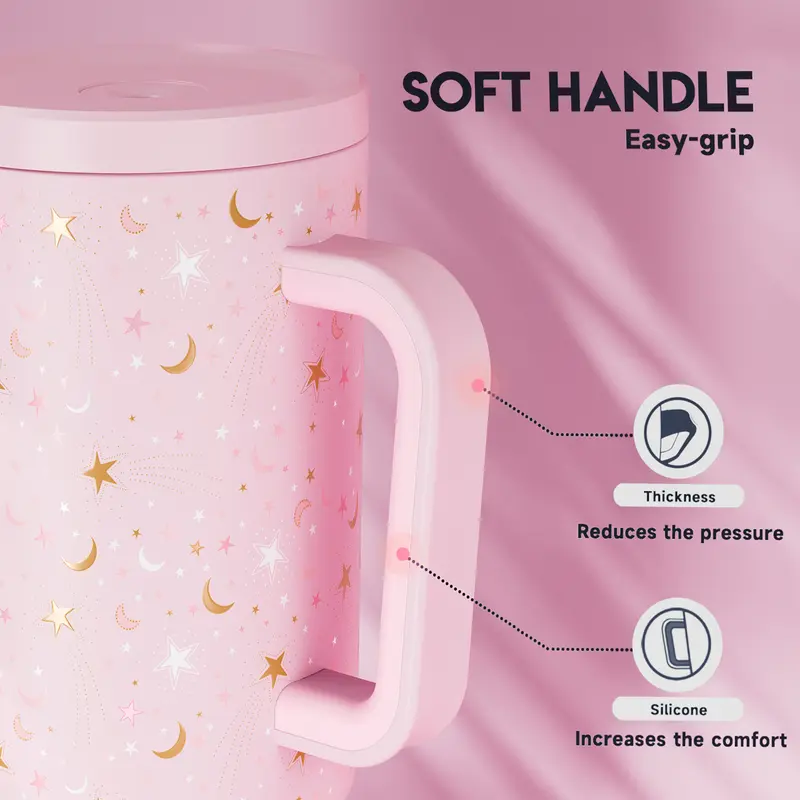 MEOKY 40oz Glow-in-the-Dark Star Print Blush Pink Leakproof Tumbler with Handle