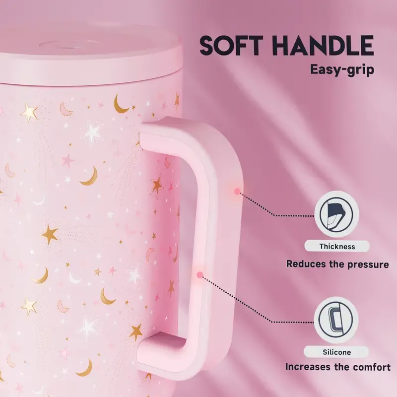 MEOKY 40oz Glow-in-the-Dark Star Print Blush Pink Leakproof Tumbler with Handle