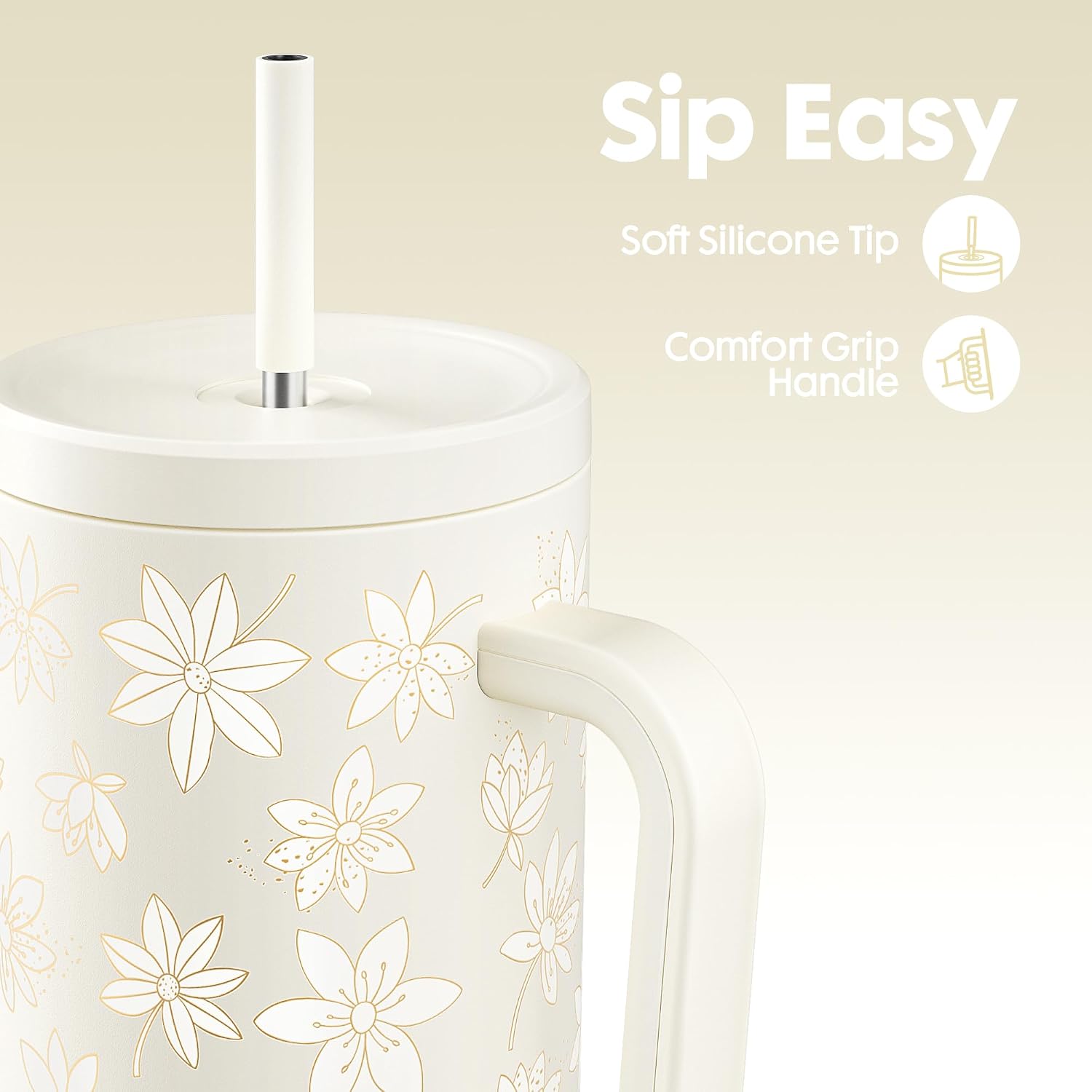 Meoky 40oz UV Color-Changing Floral Tumbler with Handle & Straw