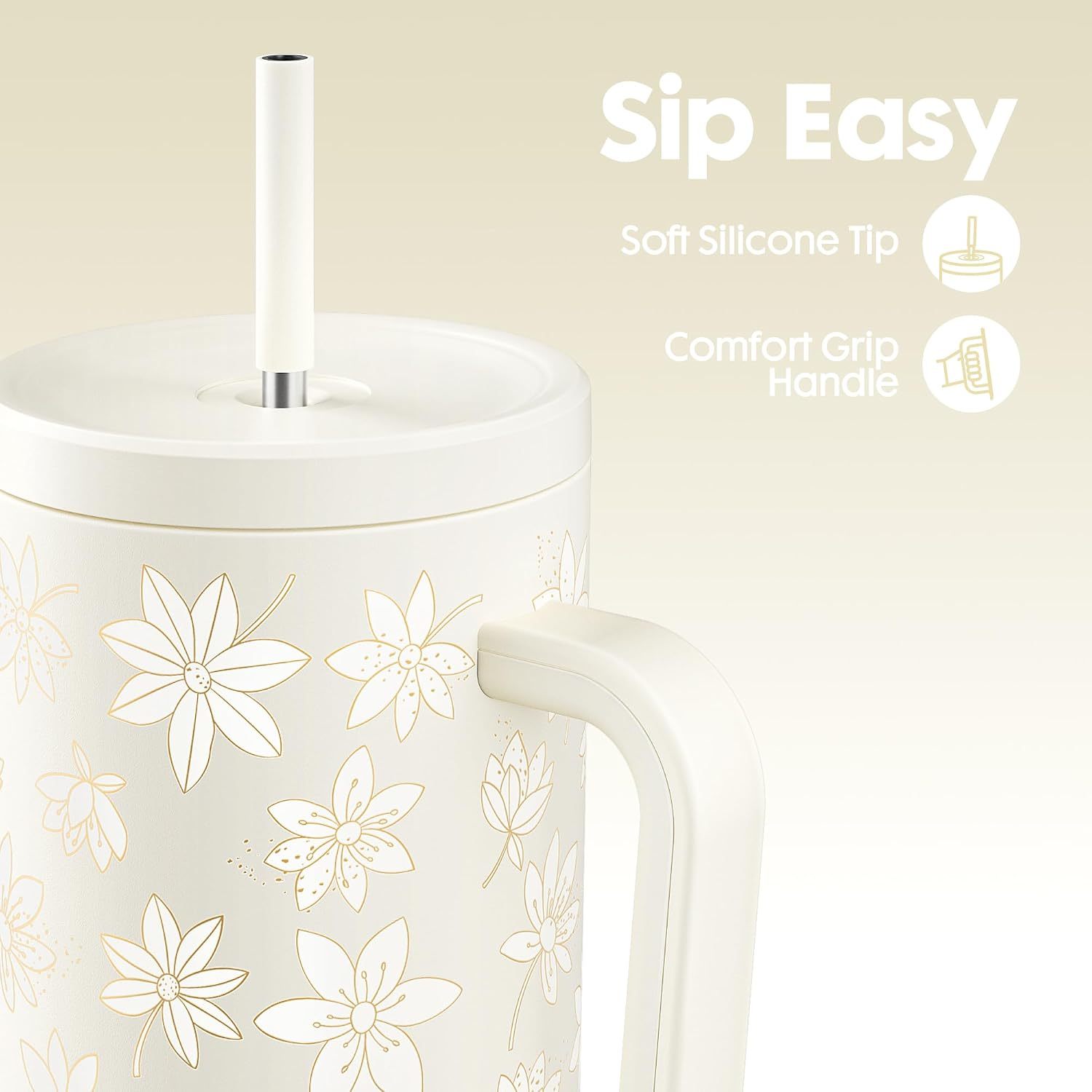 Meoky 40oz UV Color-Changing Floral Tumbler with Handle & Straw
