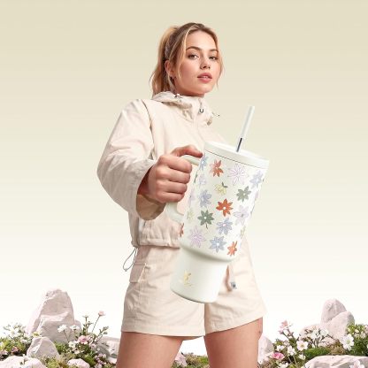 Meoky 40oz UV Color-Changing Floral Tumbler with Handle & Straw