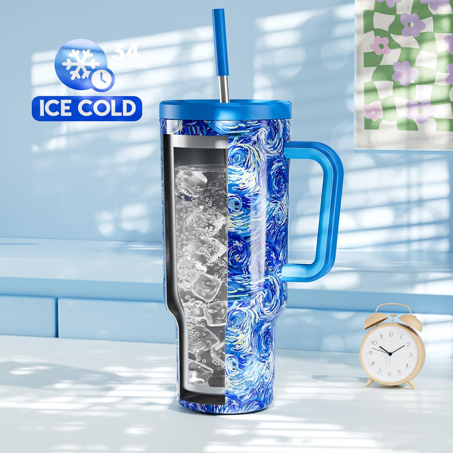 MEOKY 40oz Van Gogh Starry Night Tumbler with Handle & Straw