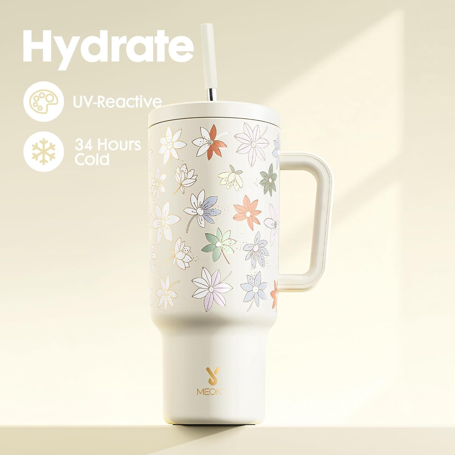 Meoky 40oz UV Color-Changing Floral Tumbler with Handle & Straw