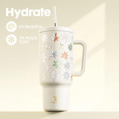 Meoky 40oz UV Color-Changing Floral Tumbler with Handle & Straw