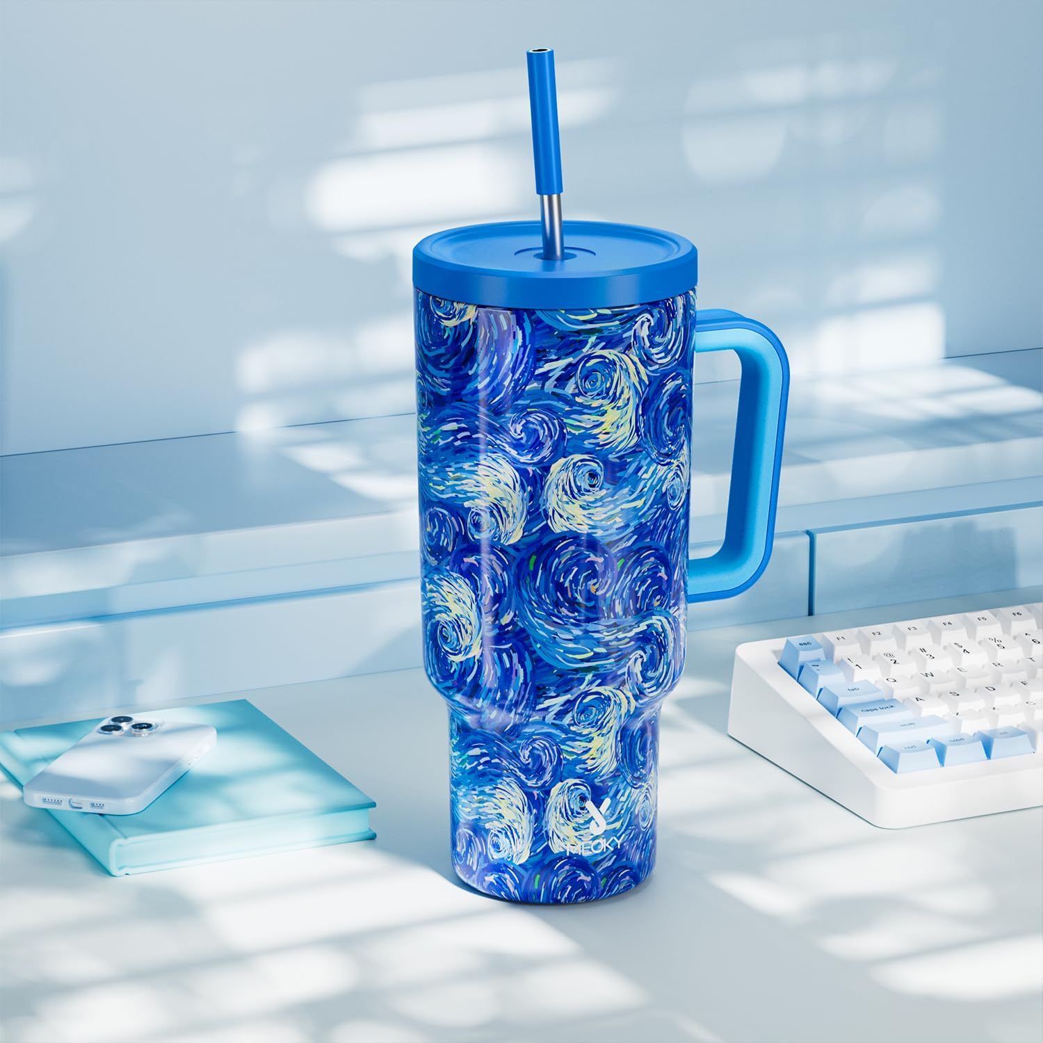 MEOKY 40oz Van Gogh Starry Night Tumbler with Handle & Straw