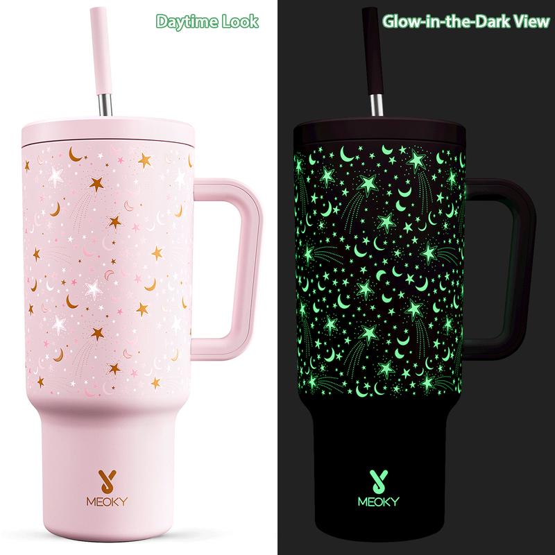 MEOKY 40oz Glow-in-the-Dark Star Print Blush Pink Leakproof Tumbler with Handle