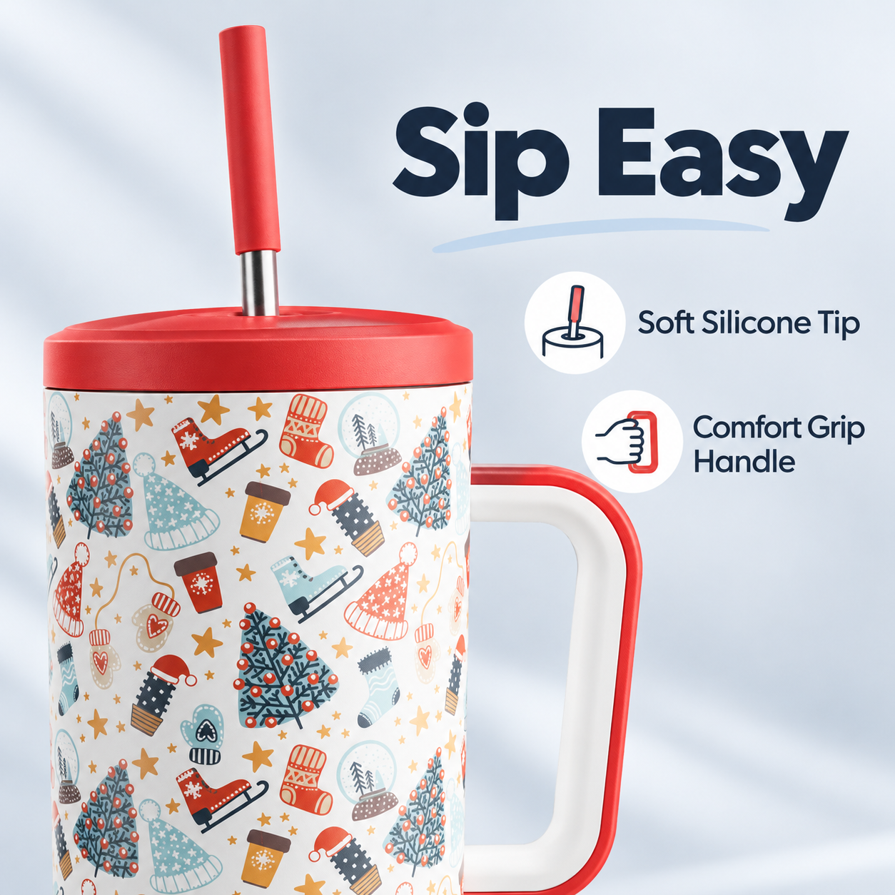 MEOKY 40oz Christmas Tumbler with Handle & Straw – Stainless Steel Insulated Travel Cup, Leak-Proof Lid, Festive Holiday Print