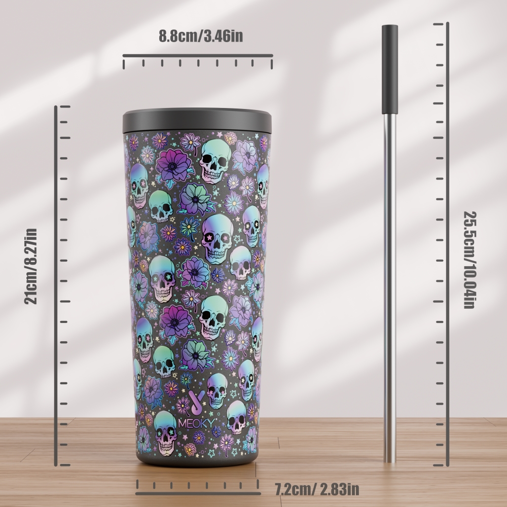 24oz cold cup 2 in 1 lid halloween black skull  straw