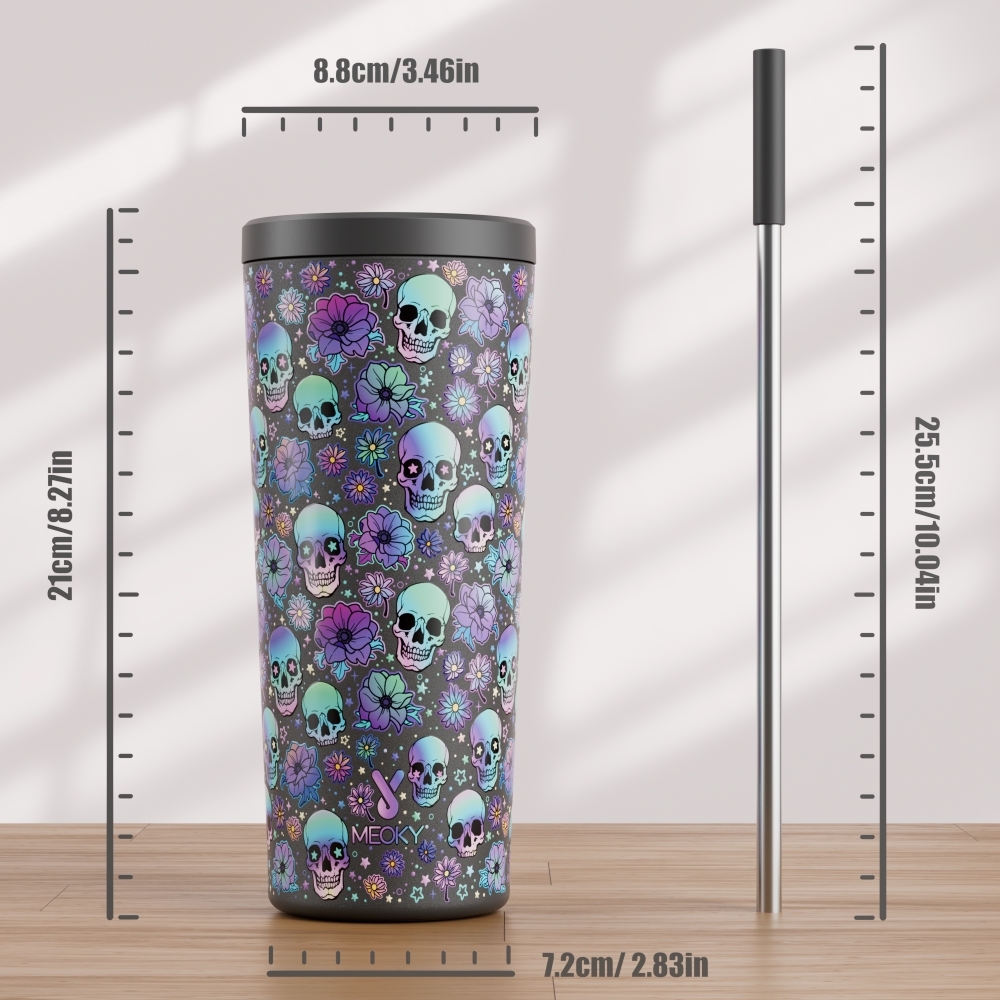 24oz cold cup 2 in 1 lid halloween black skull straw