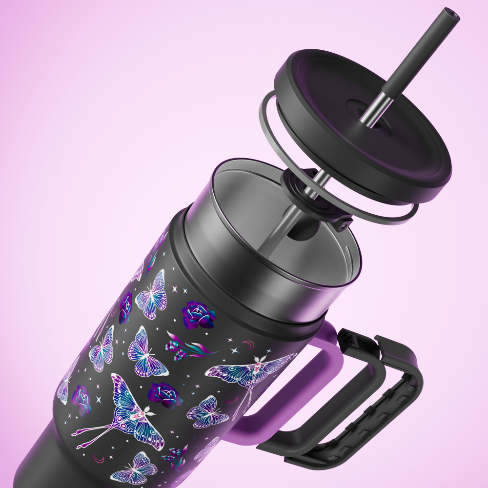 40oz Tumbler With Straw Halloween Special Edition-Black Butterfly - Luminous