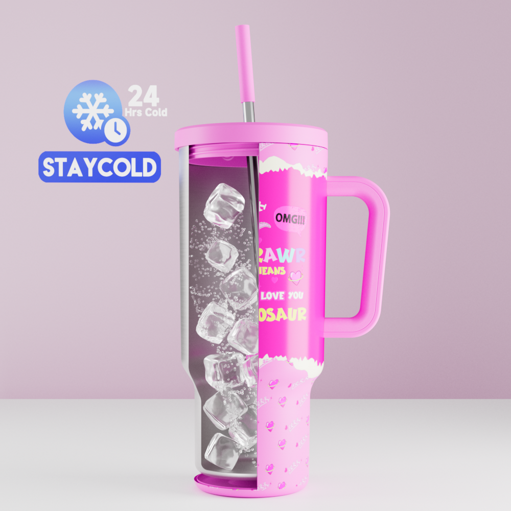 40oz Tumbler With Straw Customized - Custom Valentine's Day - "Rawr Means I Love You in Dinosaur"