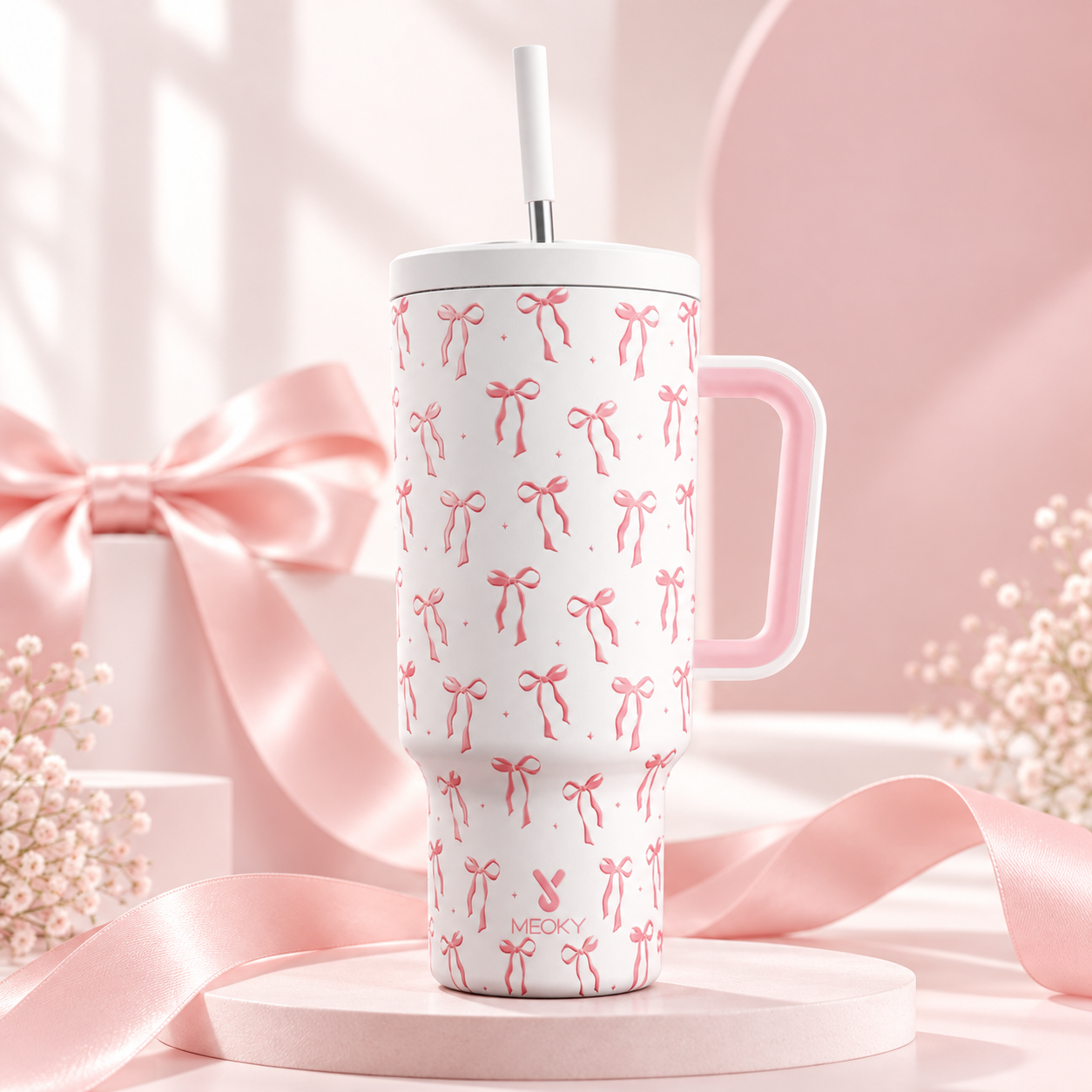 Meoky 40oz Pink Bow Print Insulated Tumbler with Handle & Straw