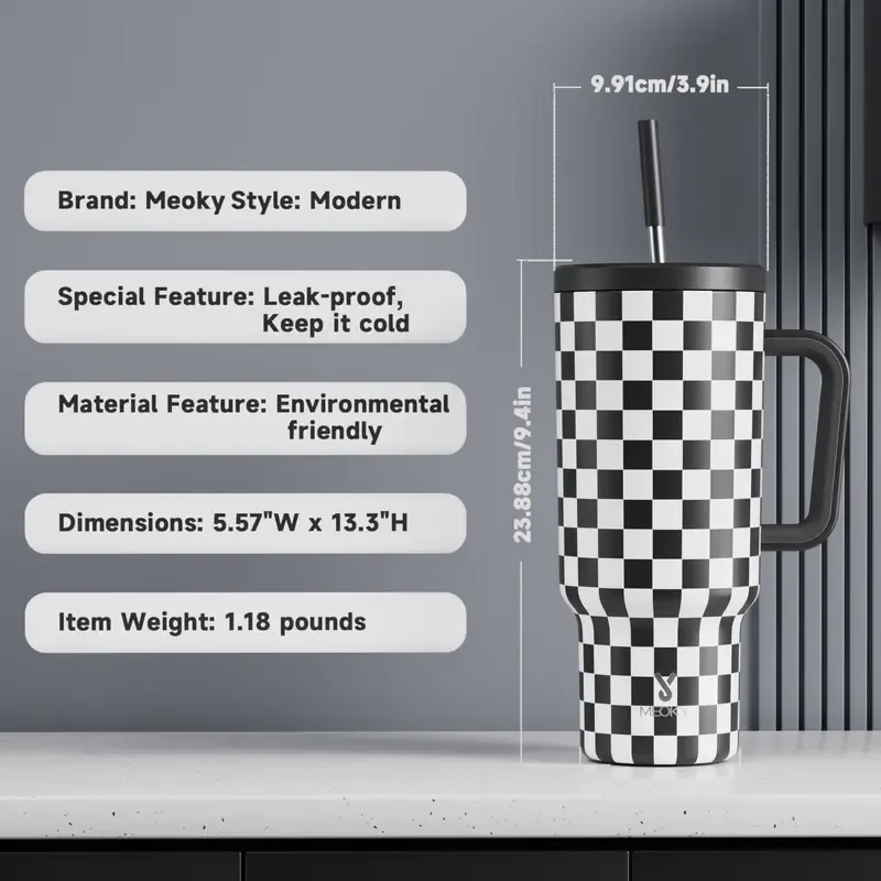 Meoky 40oz (1L) Black White Checkered Printed Stainless Steel Vacuum Flask