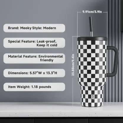 Meoky 40oz (1L) Black White Checkered Printed Stainless Steel Vacuum Flask
