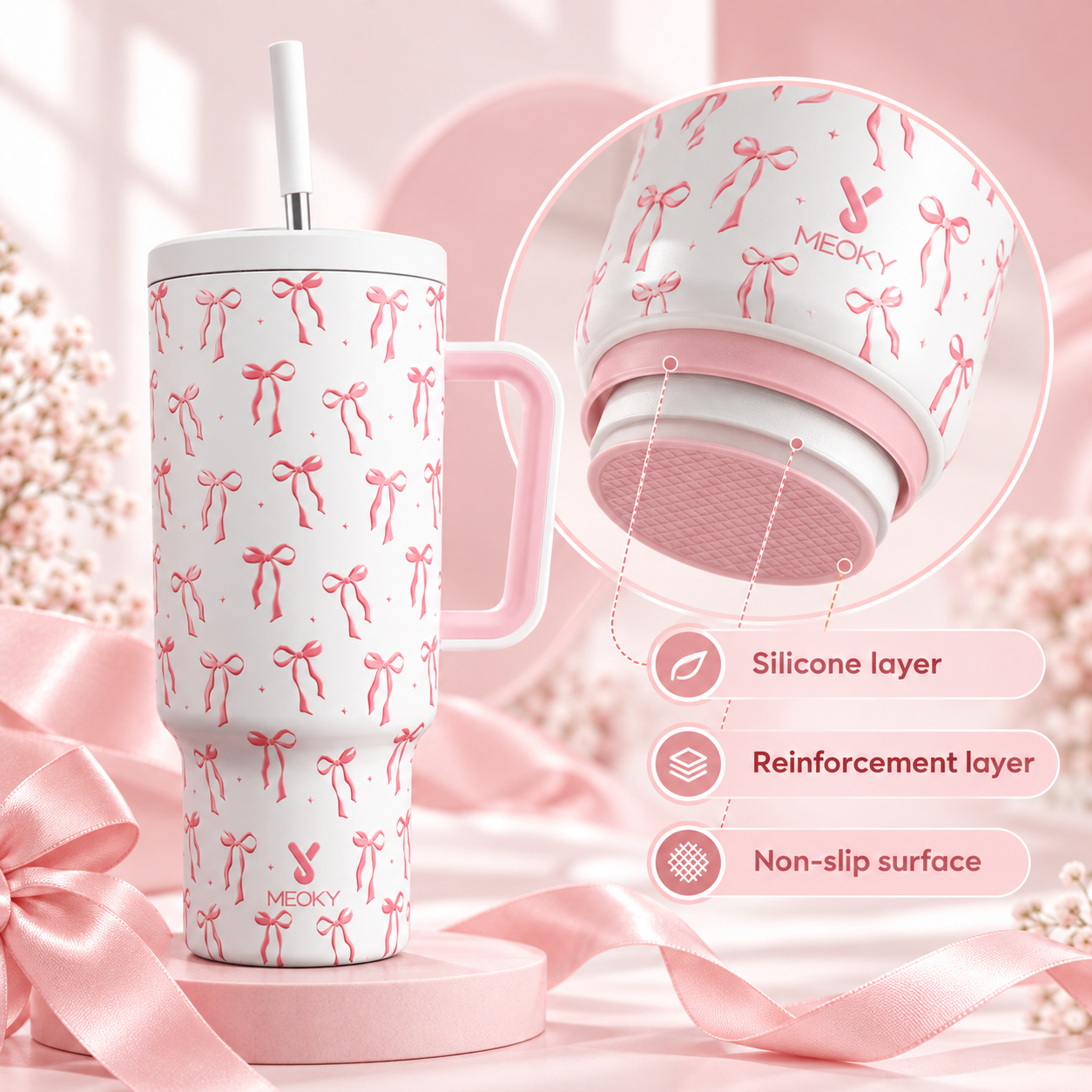 Meoky 40oz Pink Bow Print Insulated Tumbler with Handle & Straw