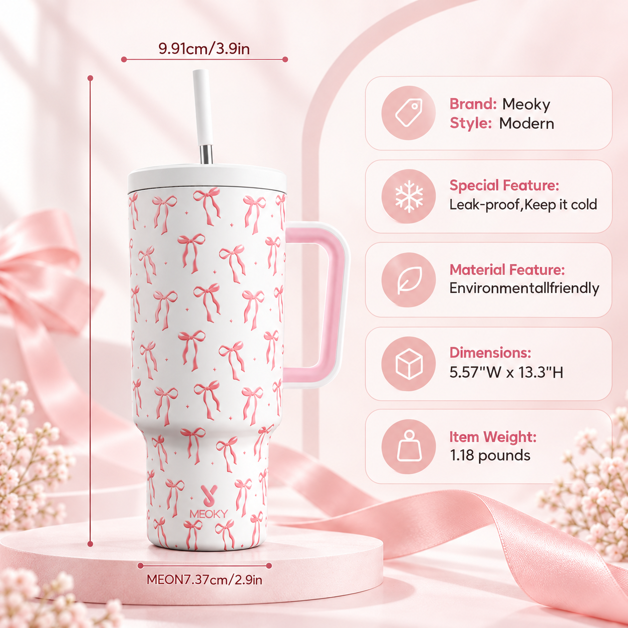 Meoky 40oz Pink Bow Print Insulated Tumbler with Handle & Straw
