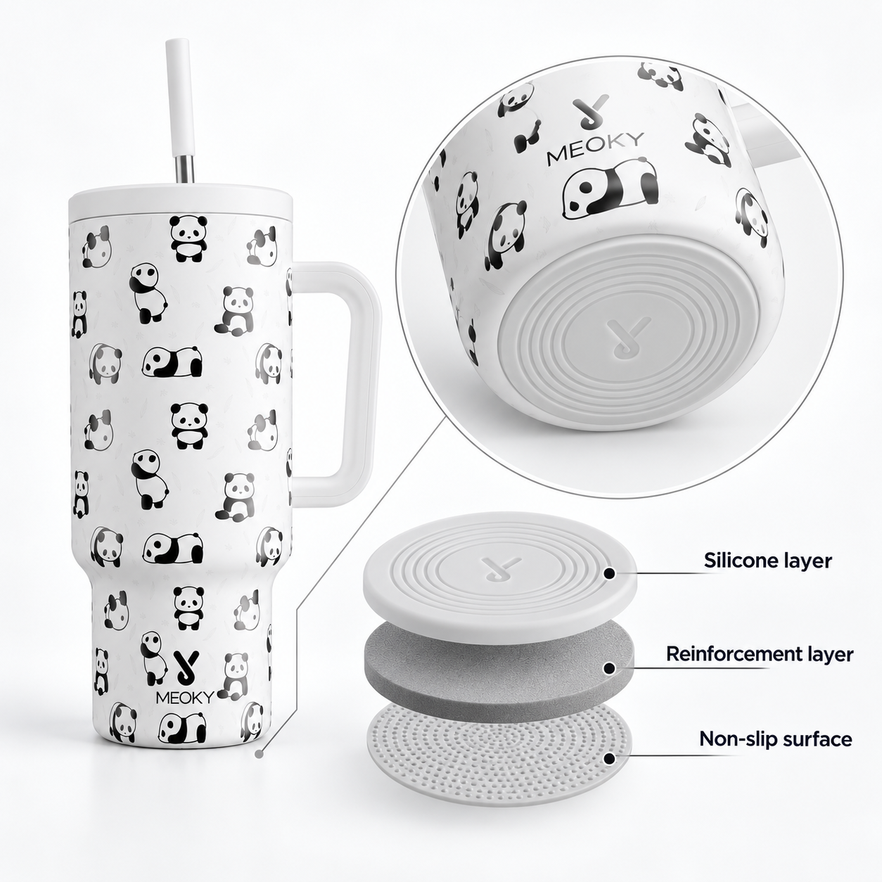 Meoky 40oz Cute Panda Print Insulated Tumbler with Handle & Straw