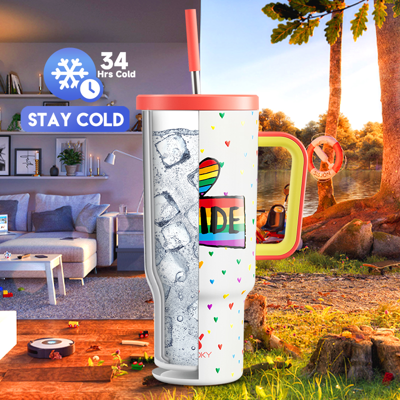 40oz Tumbler With Straw Rainbow Heart Collection-White Heart