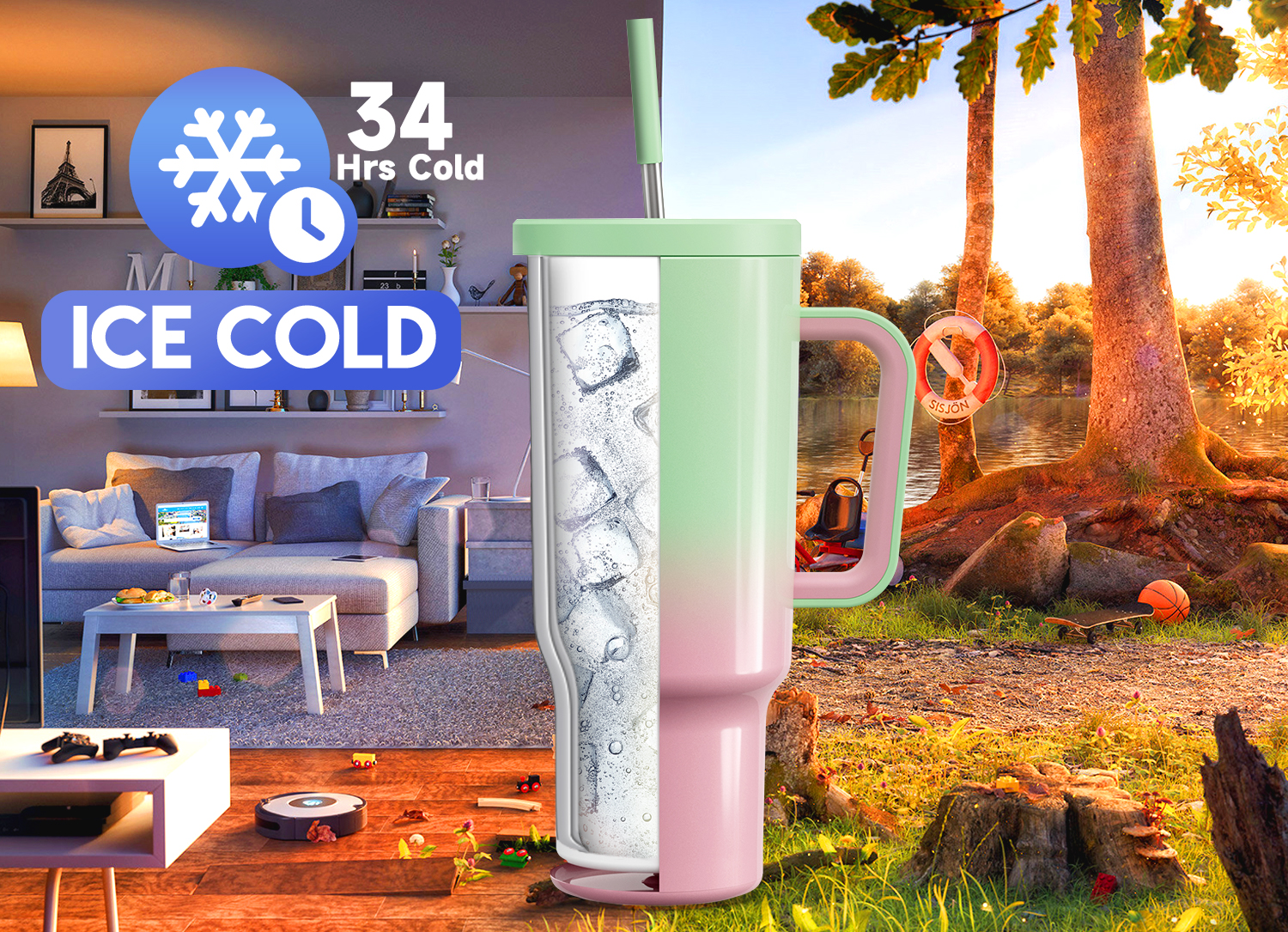 40oz Tumbler With Straw Gradient Collection-red green