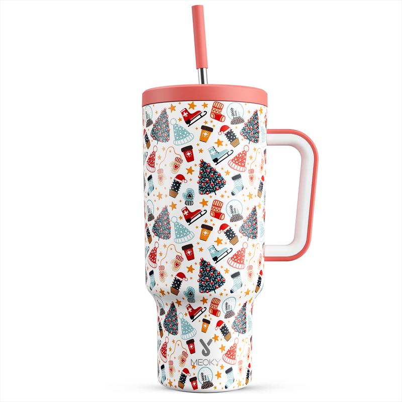 MEOKY 40oz Printed Stainless Steel Insulated Tumbler with Handle and Straw