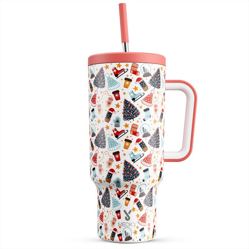 MEOKY 40oz Printed Stainless Steel Insulated Tumbler with Handle and Straw