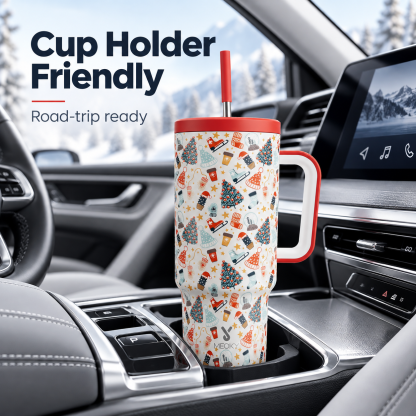 MEOKY 40oz Christmas Tumbler with Handle & Straw – Stainless Steel Insulated Travel Cup, Leak-Proof Lid, Festive Holiday Print