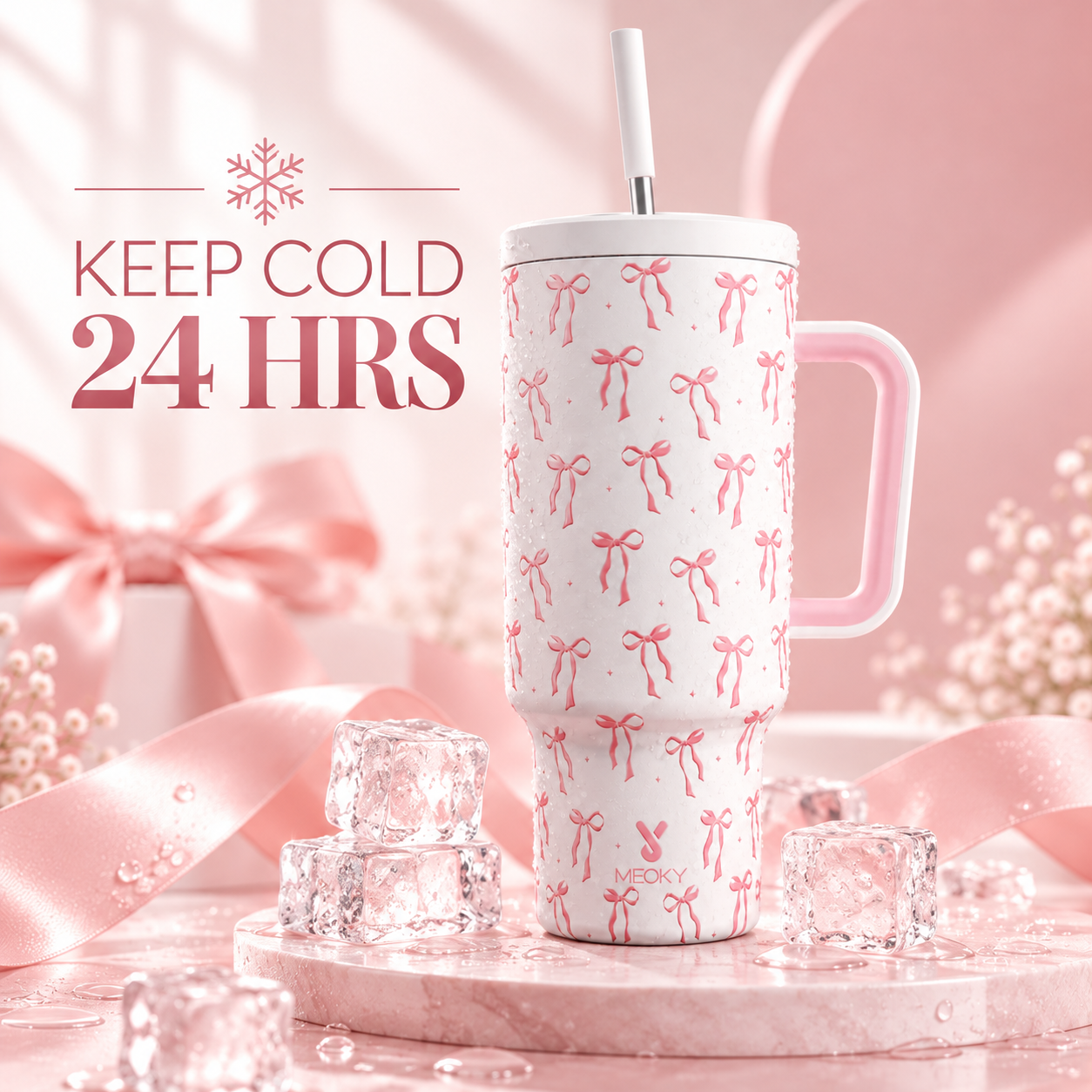 Meoky 40oz Pink Bow Print Insulated Tumbler with Handle & Straw
