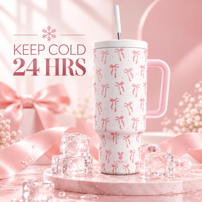 Meoky 40oz Pink Bow Print Insulated Tumbler with Handle & Straw