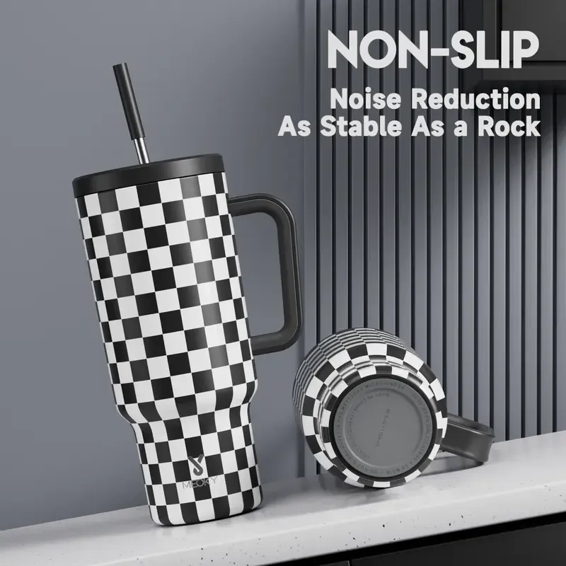 Meoky 40oz (1L) Black White Checkered Printed Stainless Steel Vacuum Flask