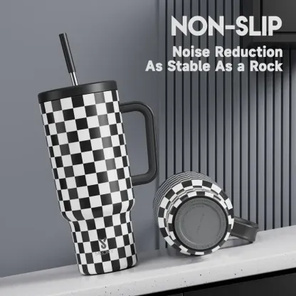 Meoky 40oz (1L) Black White Checkered Printed Stainless Steel Vacuum Flask