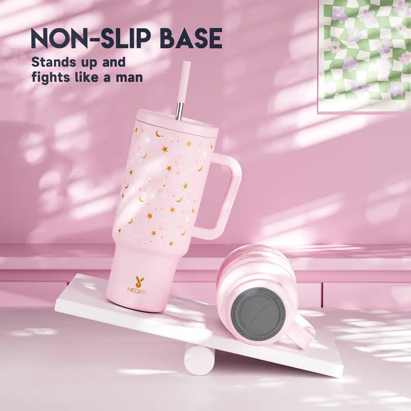 MEOKY 40oz Glow-in-the-Dark Star Print Blush Pink Leakproof Tumbler with Handle