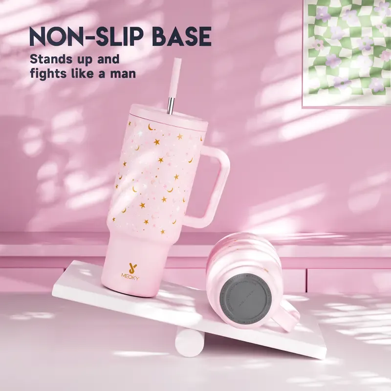 MEOKY 40oz Glow-in-the-Dark Star Print Blush Pink Leakproof Tumbler with Handle