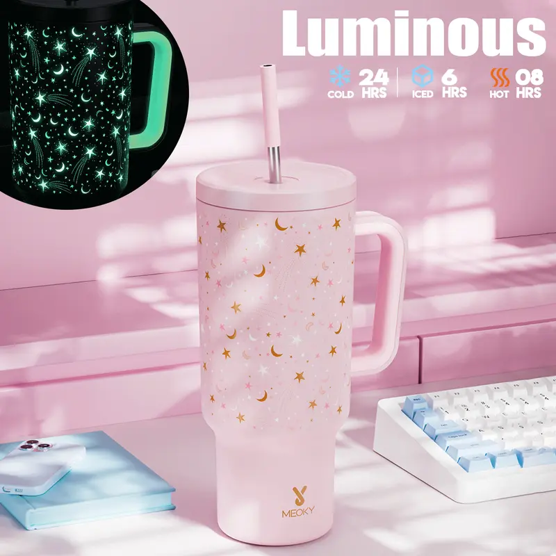 MEOKY 40oz Glow-in-the-Dark Star Print Blush Pink Leakproof Tumbler with Handle