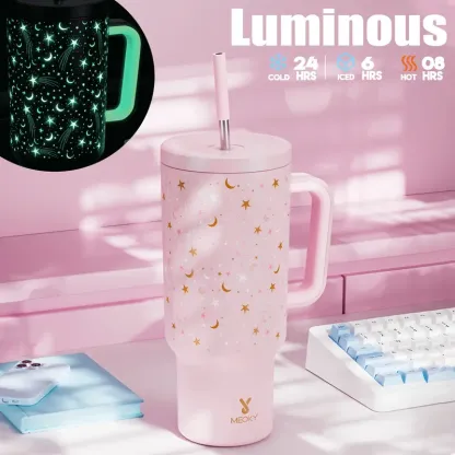 MEOKY 40oz Glow-in-the-Dark Star Print Blush Pink Leakproof Tumbler with Handle