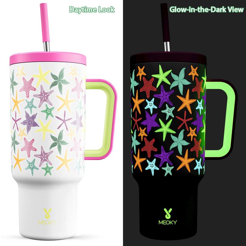 MEOKY 40oz Glow-in-the-Dark Star Print Blush Pink Leakproof Tumbler with Handle