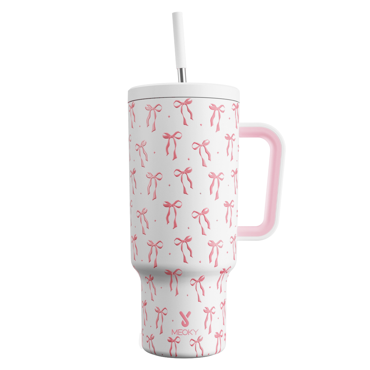 Meoky 40oz Pink Bow Print Insulated Tumbler with Handle & Straw