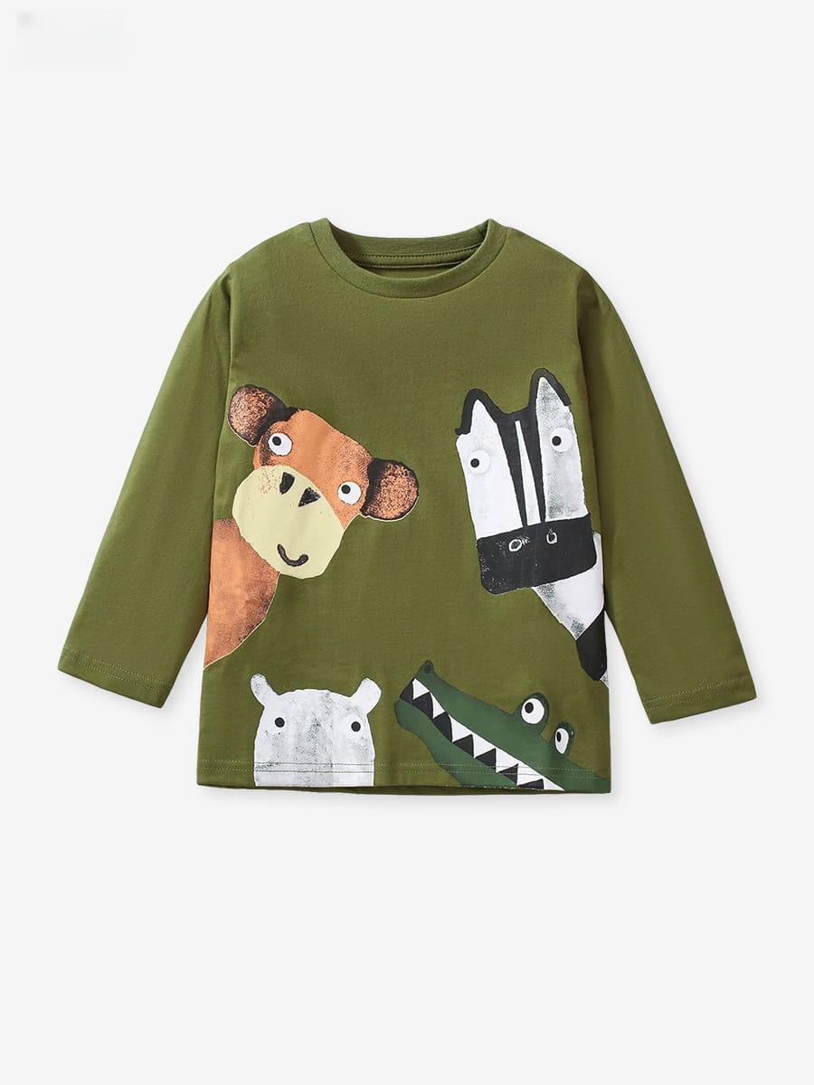 Little Maven Boys cartoon animal print long-sleeve tee in vibrant colors