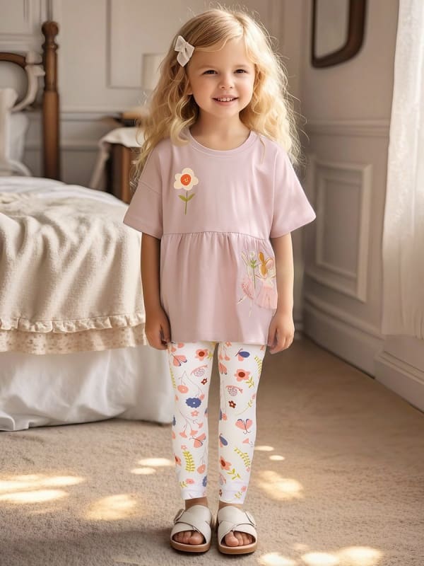 Little Maven 2~11Y Girls 2pcs White Rabbit Embroidered Tee and Floral Pants Set