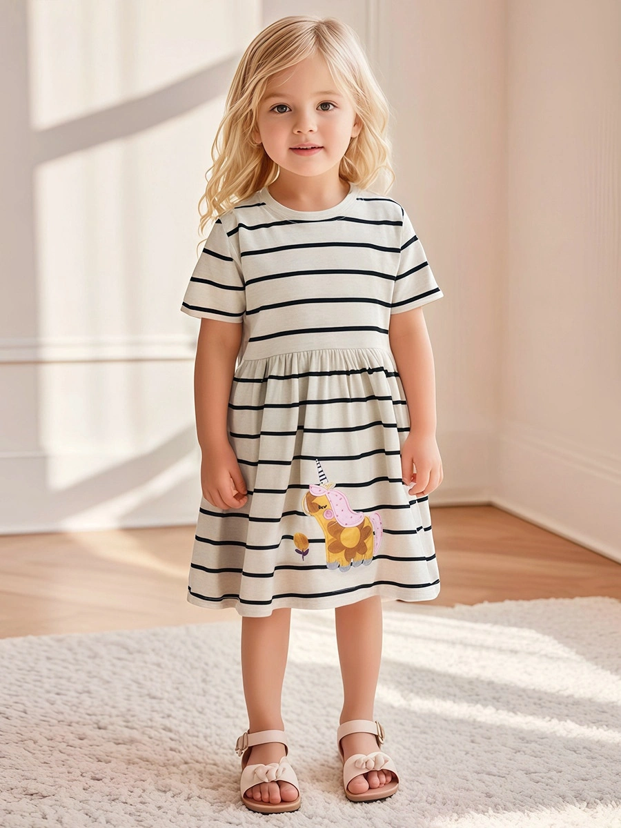 Little Maven Girls unicorn dress with applique and stripes