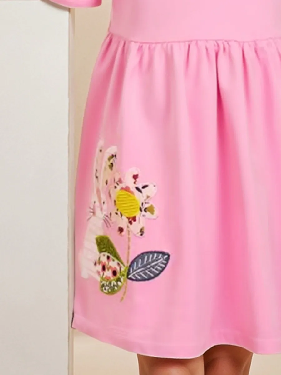 2-11Y Girls Floral Embroidered Cotton Dress With Ruffle Sleeves