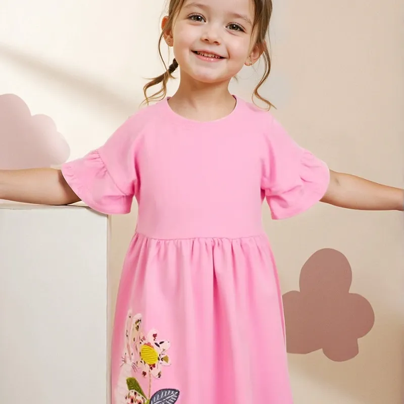 2-11Y Girls Floral Embroidered Cotton Dress With Ruffle Sleeves