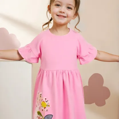 2-11Y Girls Floral Embroidered Cotton Dress With Ruffle Sleeves