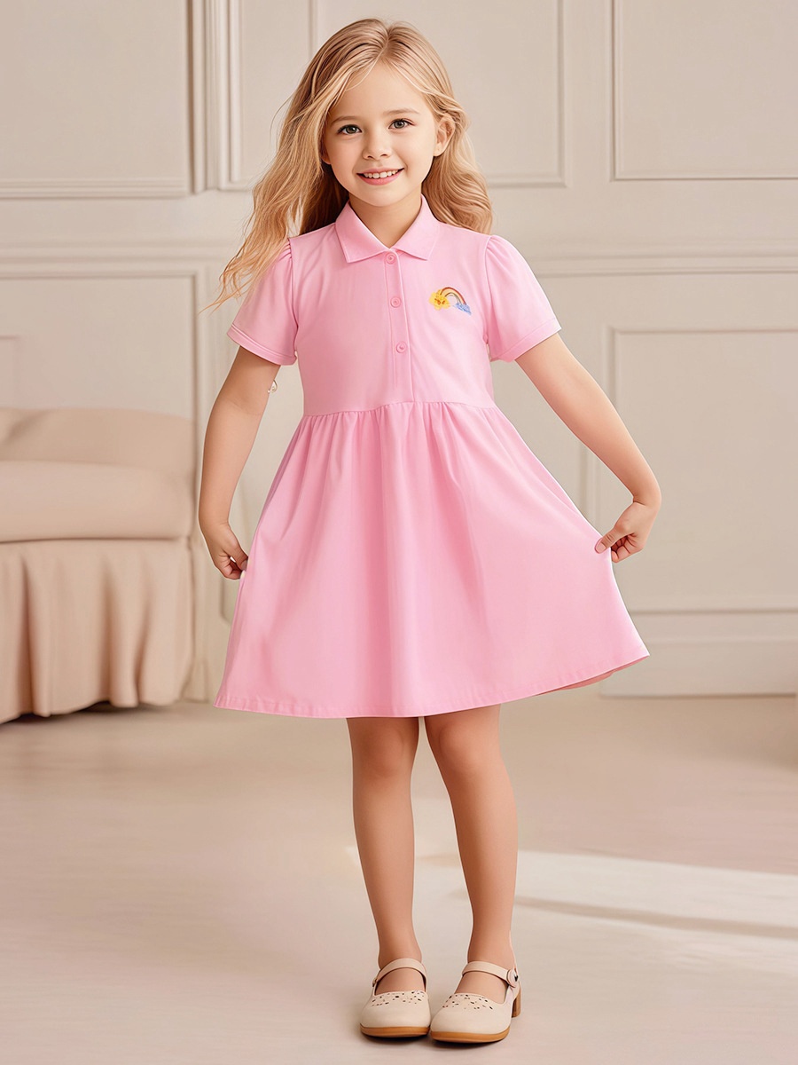Little Maven Girls Rainbow Embroidered Lapel Cotton Dress