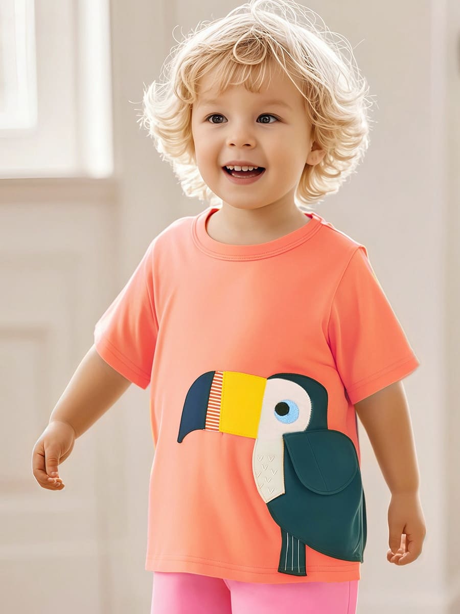 Little Maven Boys Vibrant Parrot Embroidered Cotton T-shirt