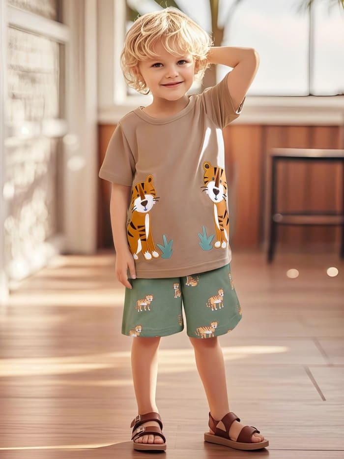 2-Piece Boys Cartoon Tiger Applique Cotton Tee and Shorts Set