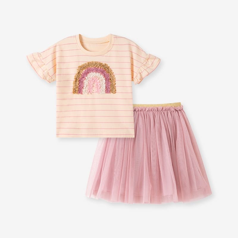 2-Piece Girls Embroidered Striped Short-Sleeve Tee and Skirt Set 